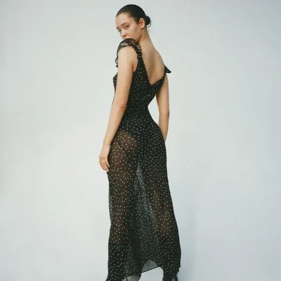 NWT Realisation Lila Silk Polka Dot Short Sleeve Bias Slip Maxi Dress Celestial - Picture 2 of 16